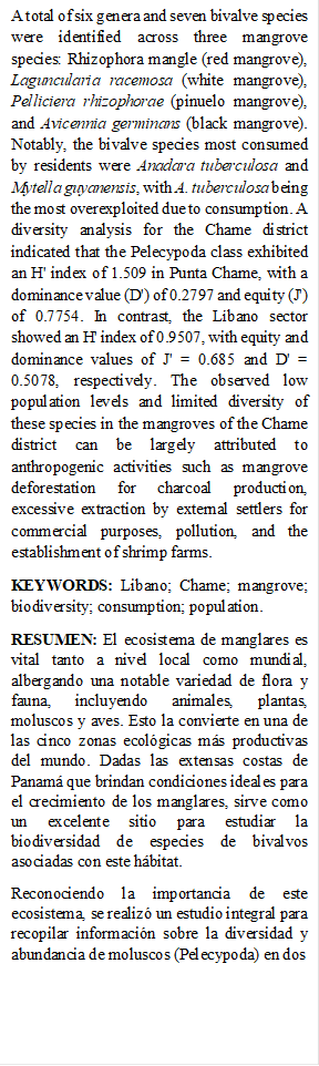 A total of six genera and seven bivalve species were identified across three mangrove species: Rhizophora mangle (red mangrove), Laguncularia racemosa (white mangrove), Pelliciera rhizophorae (pinuelo mangrove), and Avicennia germinans (black mangrove). Notably, the bivalve species most consumed by residents were Anadara tuberculosa and Mytella guyanensis, with A. tuberculosa being the most overexploited due to consumption. A diversity analysis for the Chame district indicated that the Pelecypoda class exhibited an H' index of 1.509 in Punta Chame, with a dominance value (D') of 0.2797 and equity (J') of 0.7754. In contrast, the Líbano sector showed an H' index of 0.9507, with equity and dominance values of J' = 0.685 and D' = 0.5078, respectively. The observed low population levels and limited diversity of these species in the mangroves of the Chame district can be largely attributed to anthropogenic activities such as mangrove deforestation for charcoal production, excessive extraction by external settlers for commercial purposes, pollution, and the establishment of shrimp farms.
KEYWORDS: Libano; Chame; mangrove; biodiversity; consumption; population.
RESUMEN: El ecosistema de manglares es vital tanto a nivel local como mundial, albergando una notable variedad de flora y fauna, incluyendo animales, plantas, moluscos y aves. Esto la convierte en una de las cinco zonas ecológicas más productivas del mundo. Dadas las extensas costas de Panamá que brindan condiciones ideales para el crecimiento de los manglares, sirve como un excelente sitio para estudiar la biodiversidad de especies de bivalvos asociadas con este hábitat.
Reconociendo la importancia de este ecosistema, se realizó un estudio integral para recopilar información sobre la diversidad y abundancia de moluscos (Pelecypoda) en dos
